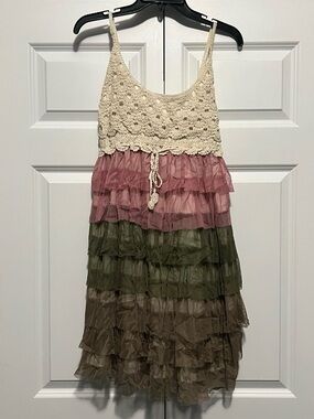 J Gee Crochet Top Tiered Ruffle Mini Dress NWT